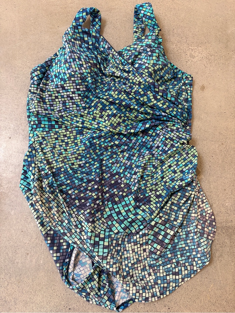 Lands' End Blue and Green Tile-Print One-Piece Swimsuit